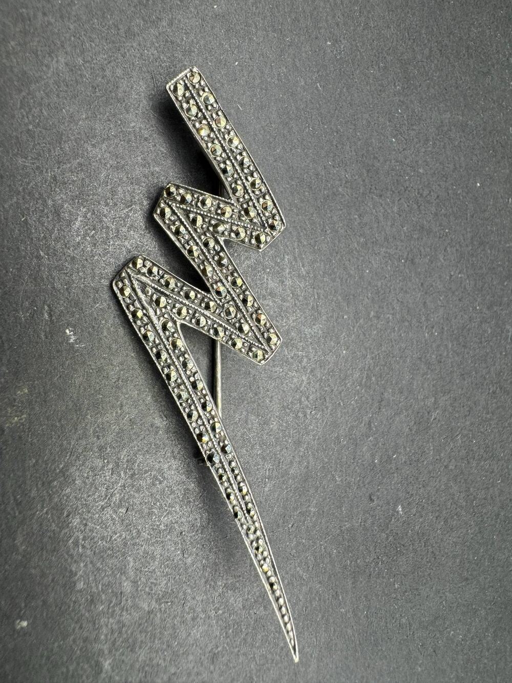 Vintage 925 Sterling Silver Lightning Bolt Brooch Pin Marcasite Accents